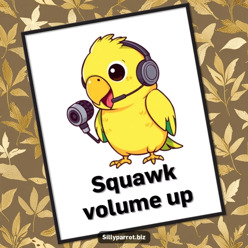 Funny poster art of a silly parrot wearing a tiny headset, enthusiastically squawking into a small microphone with gusto, capturing sound.