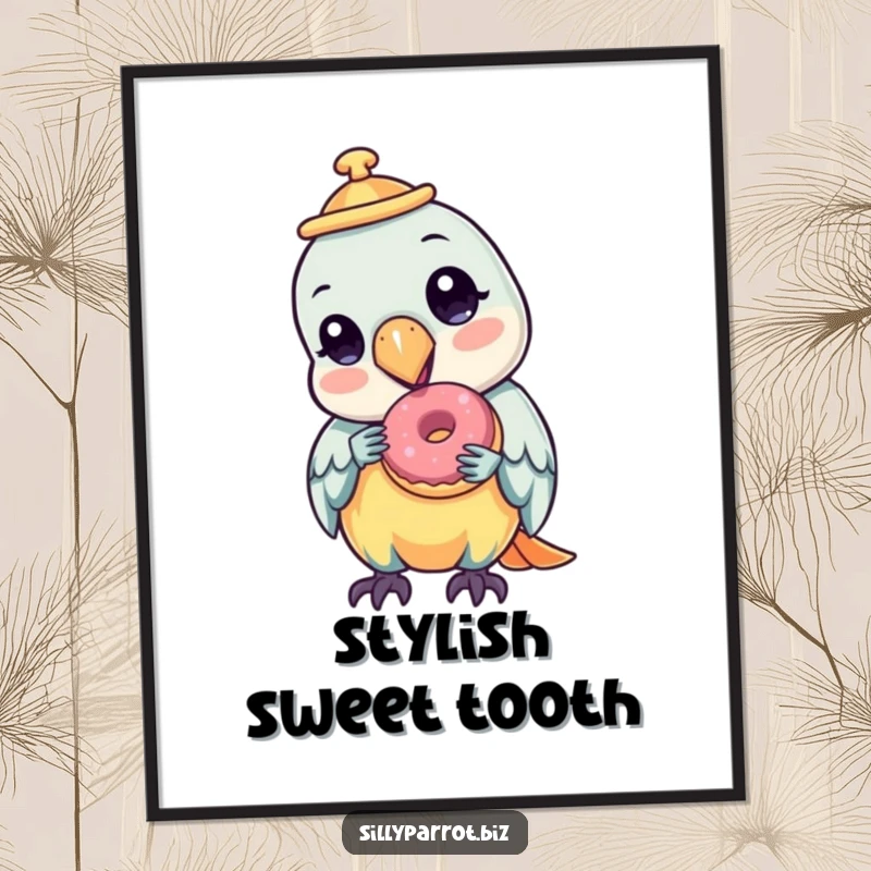 Funny poster of a parrot wearing a small tilted hat, delightedly eating a miniature donut, radiating happiness.