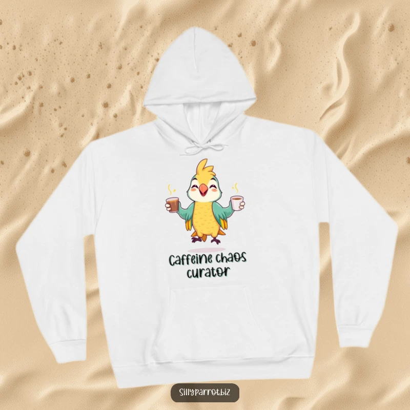 Funny hoodie featuring a cheerful parrot engrossed in juggling coffee cups, radiating mischievous fun and energy.