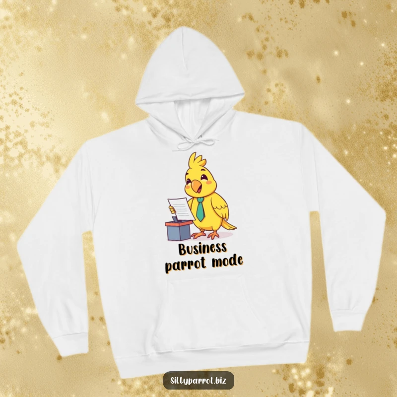 Funny hoodie with a happy parrot wearing a tiny tie, enthusiastically presenting a document at a small desk, embodying professional charm.