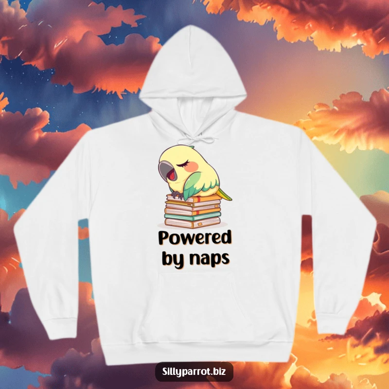 Funny hoodie featuring a tired parrot asleep on a stack of files, yawning adorably, perfect for cozy relaxation.