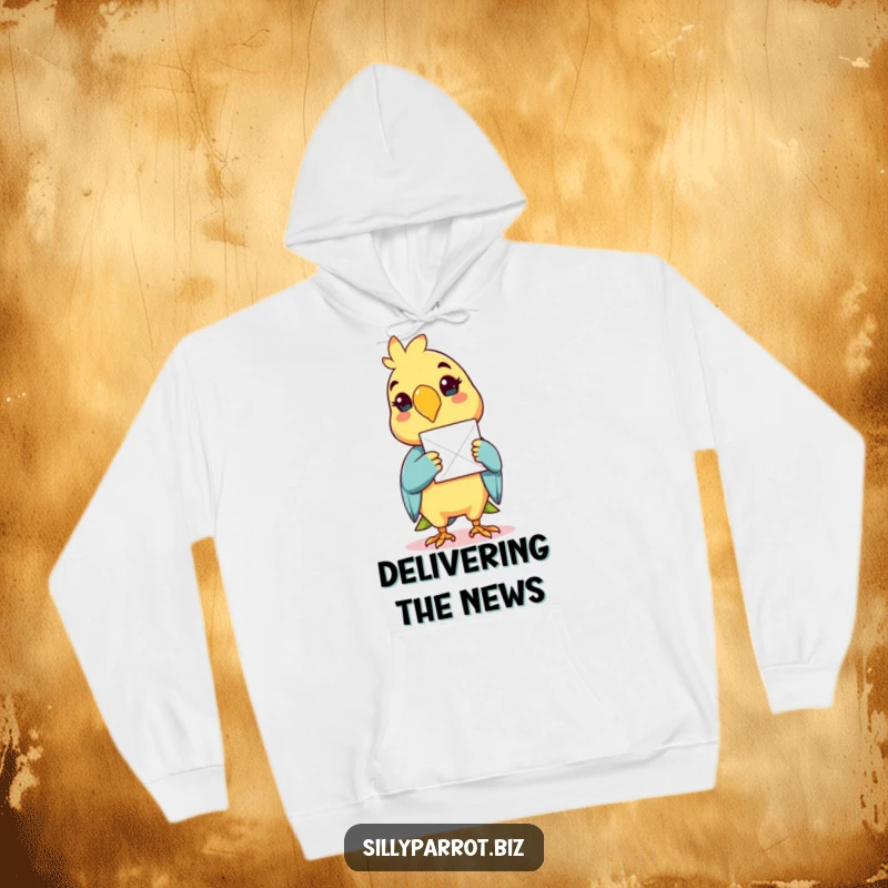 Funny hoodie illustration of a cheerful parrot carrying a message in its beak.