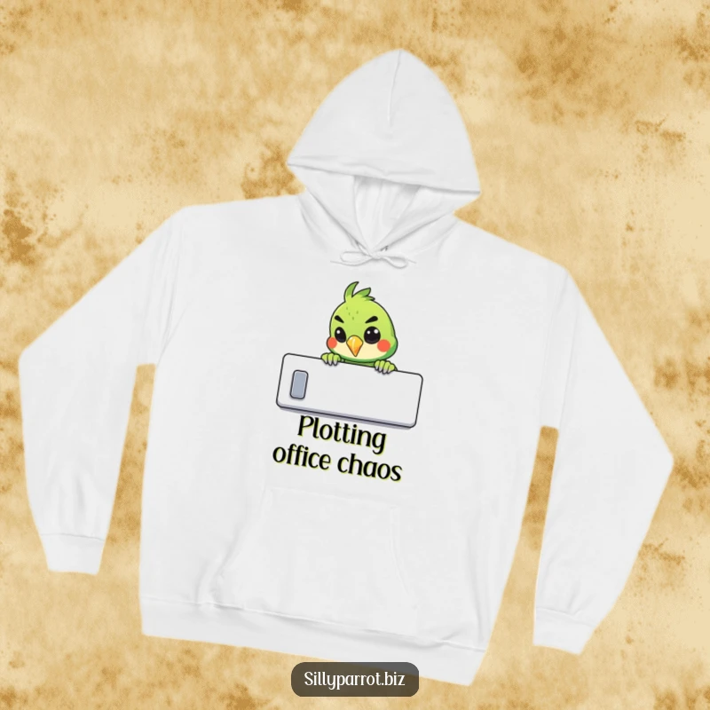 Funny hoodie illustration of a parrot peeking over a cubicle wall with a mischievous grin.