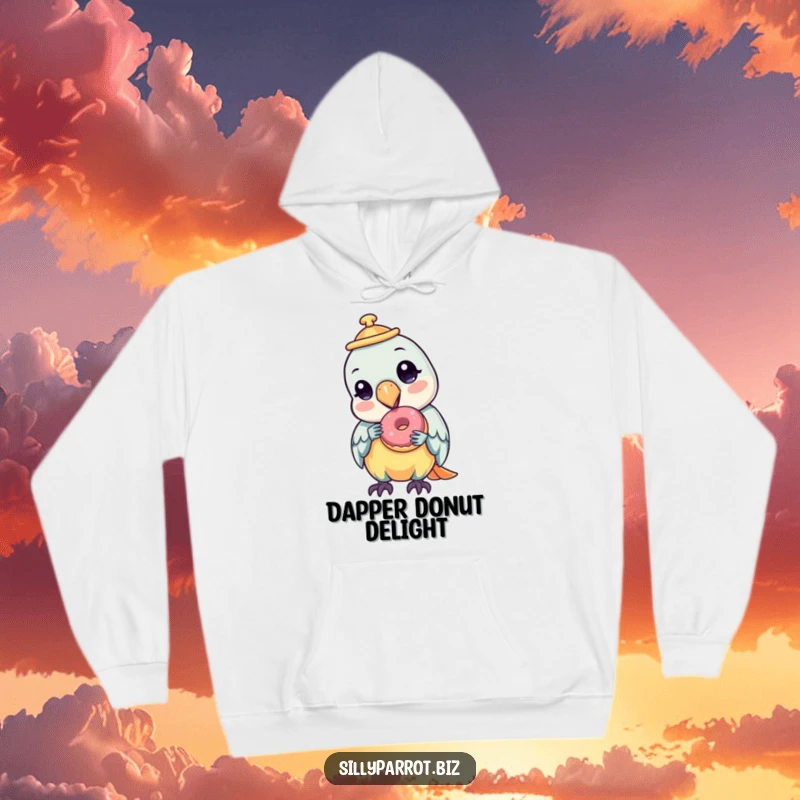 Funny hoodie featuring a fashionable parrot wearing a tilted hat, happily indulging in a small, delicious donut.