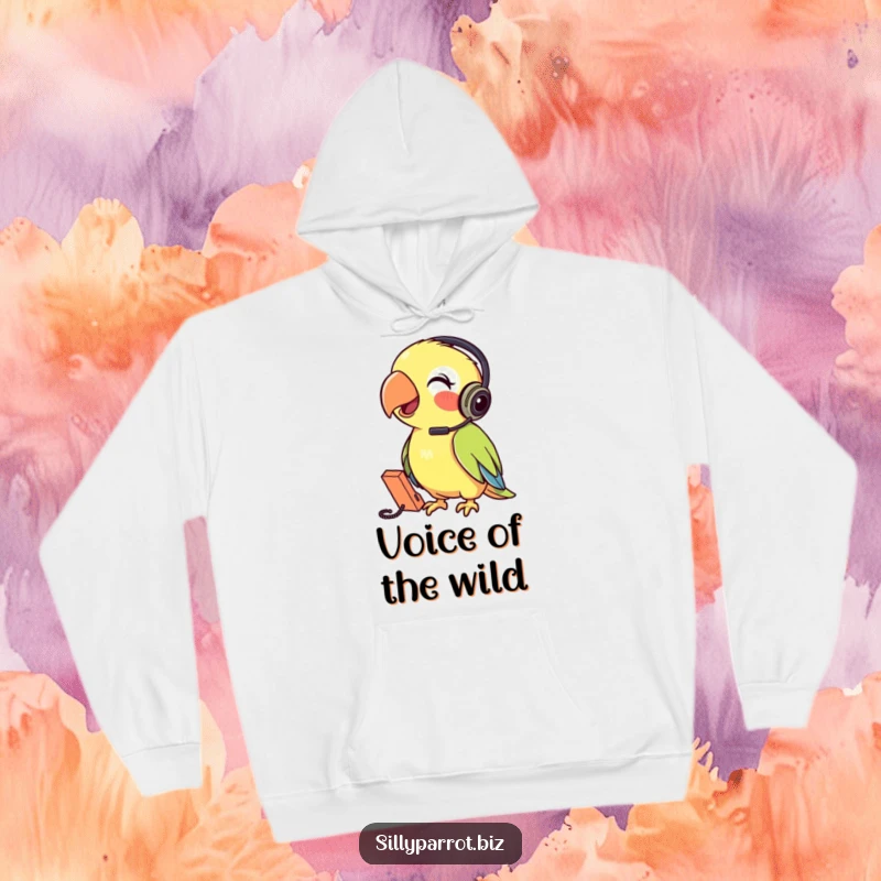 Funny Parrot Hoodie with a parrot wearing a headset talking into a tiny phone, offering cozy comfort and a dose of humor.