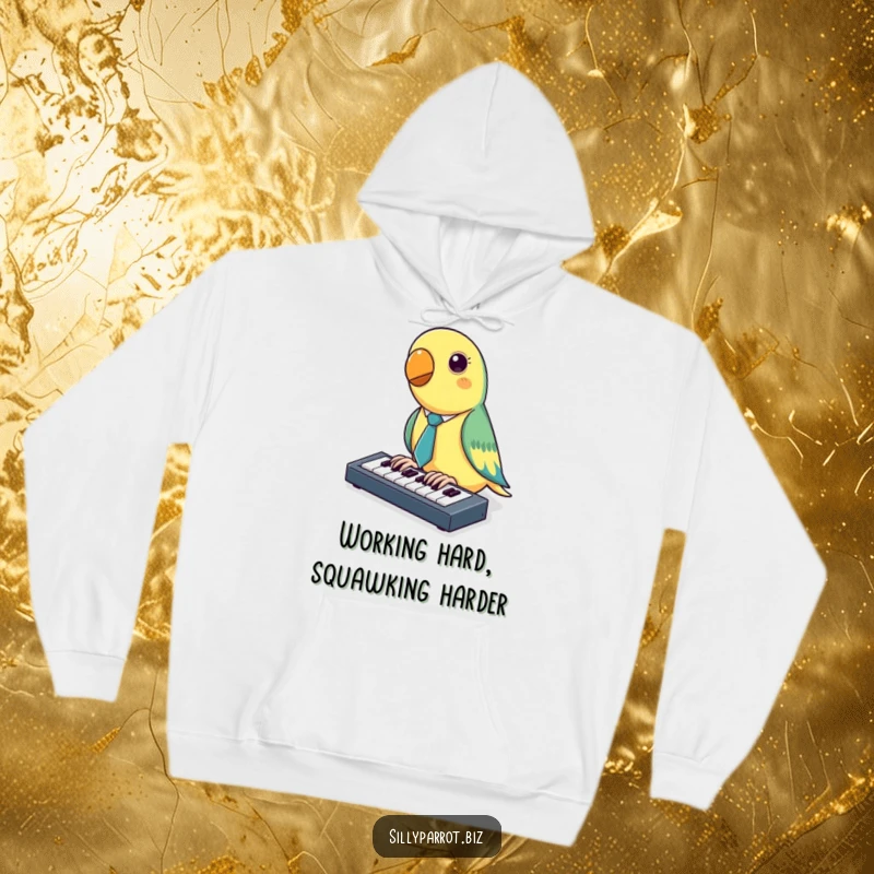Funny Parrot Hoodie with a parrot in a tiny tie tapping on a miniature keyboard, offering cozy comfort and a dose of humor.
