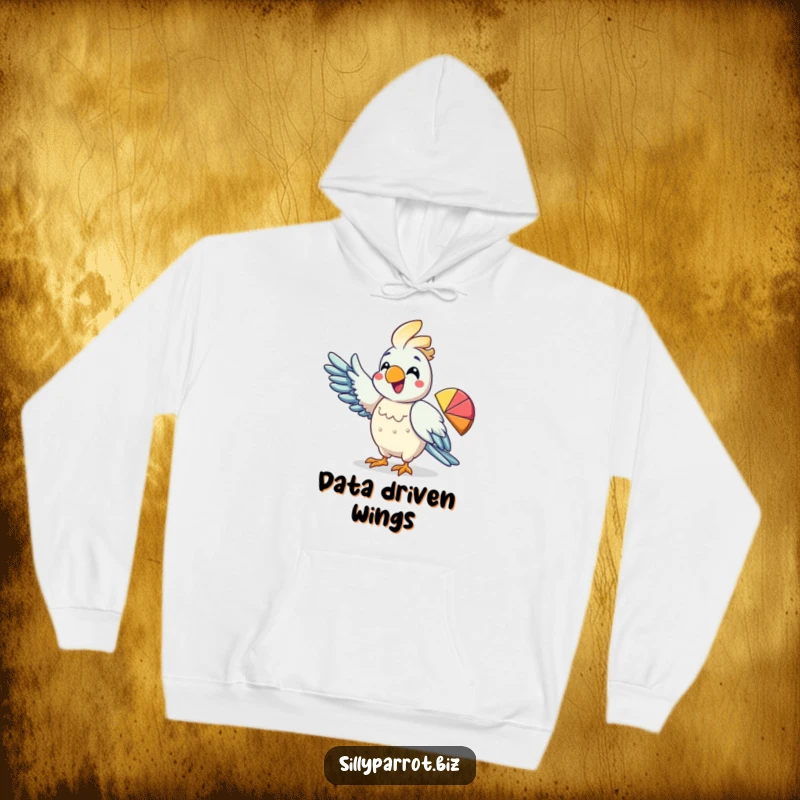 Funny hoodie depicting an animated parrot enthusiastically pointing its wing towards a colorful pie chart, symbolizing insights.