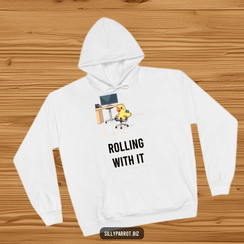 Funny parrot wearing a hoodie, comically sliding on a rolling chair across a polished office floor.