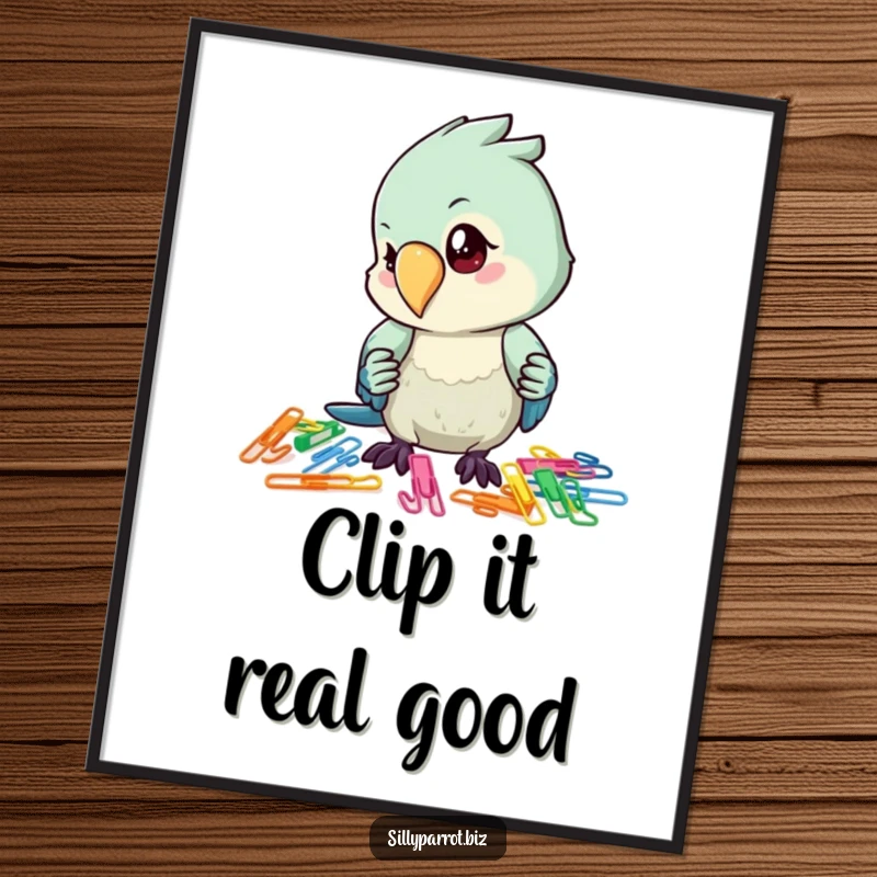 Funny Free Printable Wall Art: Meticulously organized parrot character sorts colorful paper clips with intense focus and charm.
