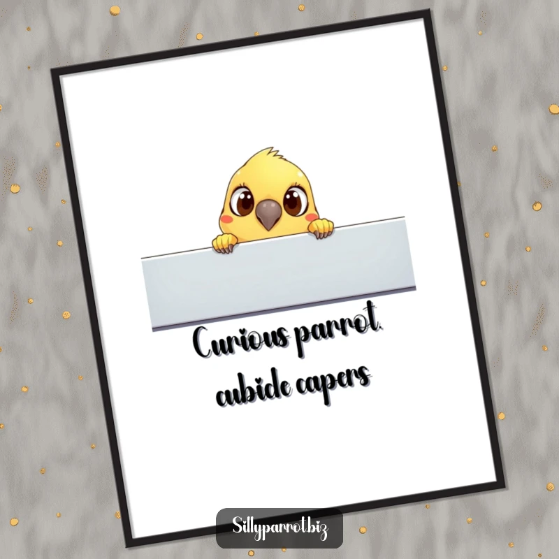 Funny free printable wall art of a curious parrot peeking over an office cubicle with big, inquisitive eyes.