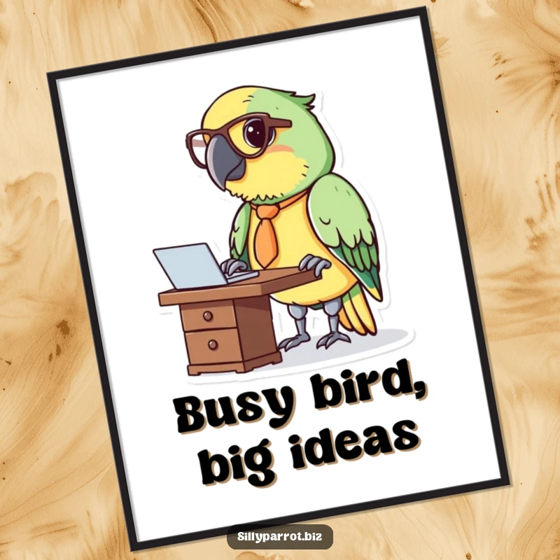 Funny Free Printable Wall Art: Parrot in tie and glasses working diligently at a tiny desk, quirky office art.