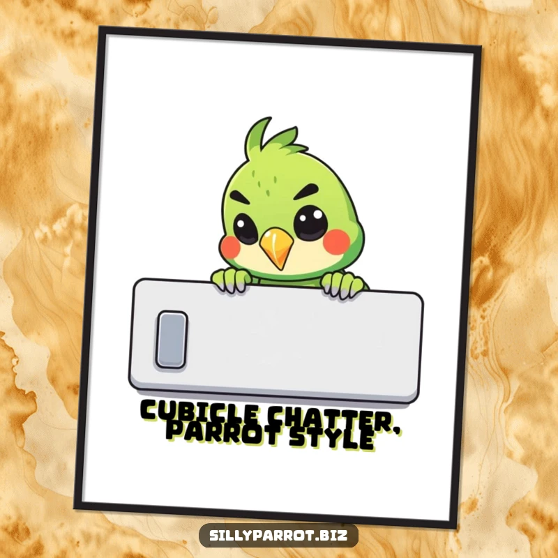 Funny Free Printable Wall Art: Parrot peeking over a cubicle wall with a sly grin, office humor, quirky illustration.