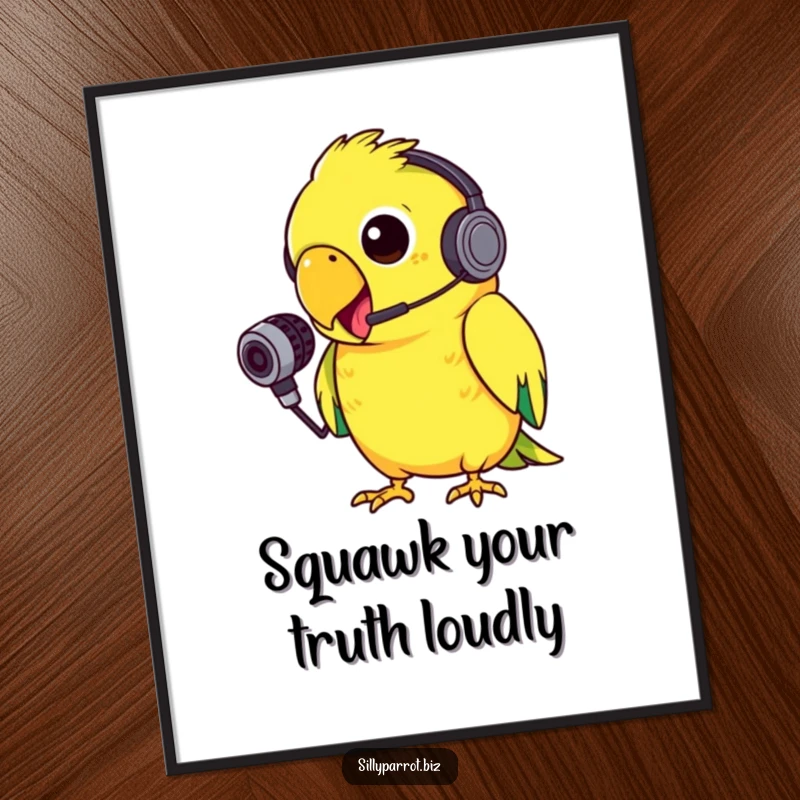 Funny Free Printable Wall Art: A silly parrot wearing a headset joyfully squawks into a microphone with unrestrained gusto.