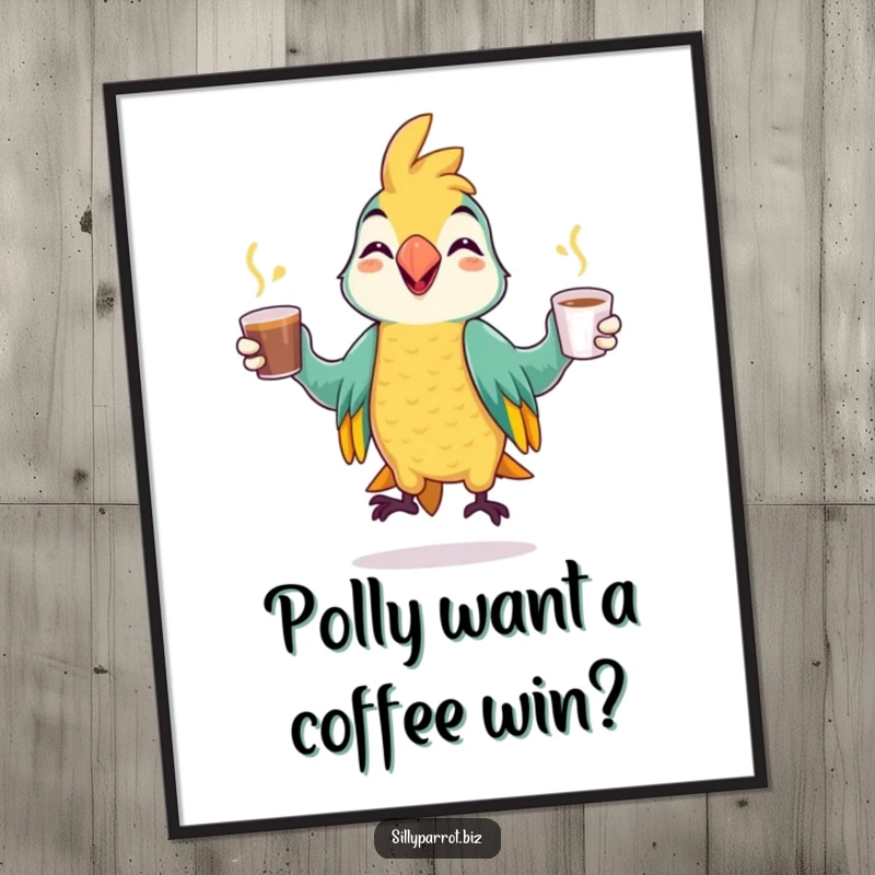 Funny Free Printable Parrot Wall Art: A cheerful parrot juggling coffee cups, downloadable art for a playful, humorous vibe.