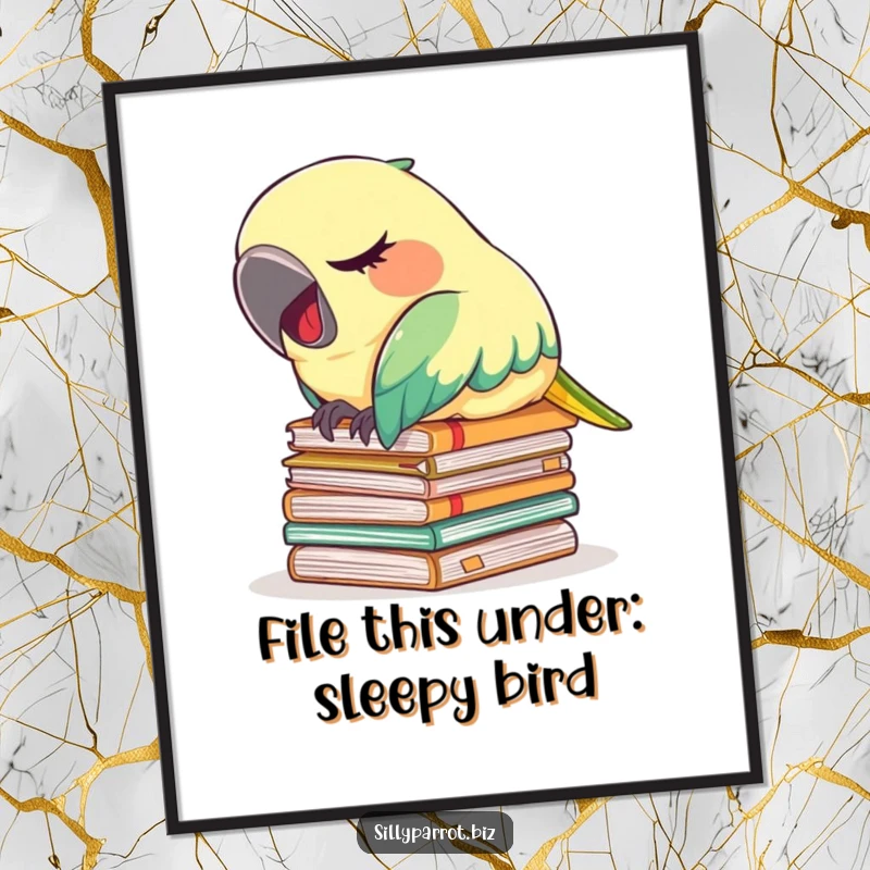 Funny Free Printable Parrot Wall Art: A tired parrot naps on a pile of documents, downloadable art for a humorous office vibe.
