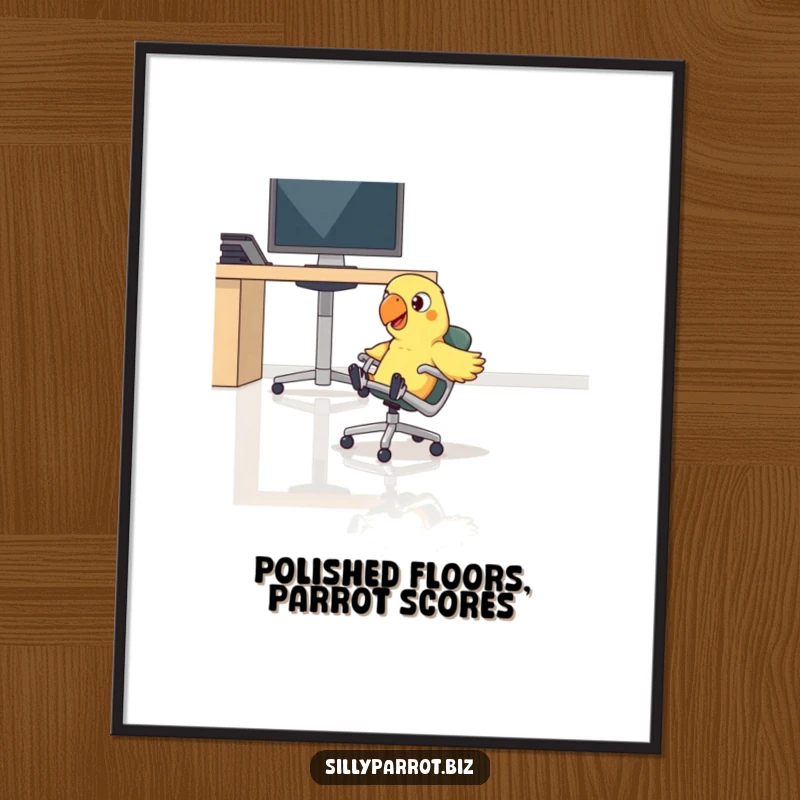 Funny Free Printable Wall Art depicting a parrot comically sliding at high speed on a rolling office chair.