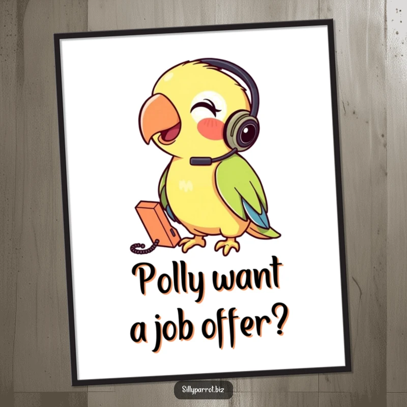 Funny Free Printable Wall Art: A parrot wearing a headset cheerfully talks into a tiny phone, bringing a sense of lively communication.