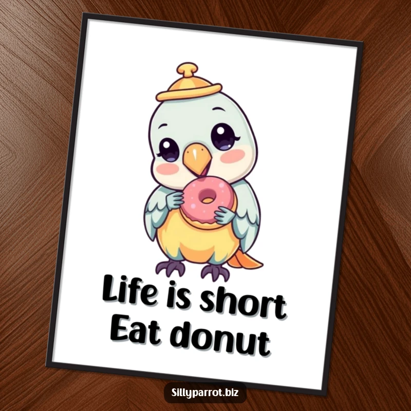 Funny Free Printable Wall Art: Parrot character in a tilted hat happily eats a small donut, exuding pure joy.