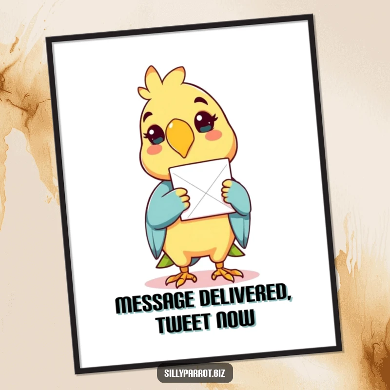 Funny Free Printable Wall Art: Happy parrot delivering a sheet of paper in its beak, colorful and fun bird illustration.