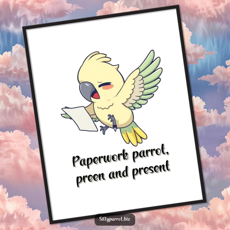 Funny free printable wall art of a stressed parrot flying with papers, searching for a pen at the office.