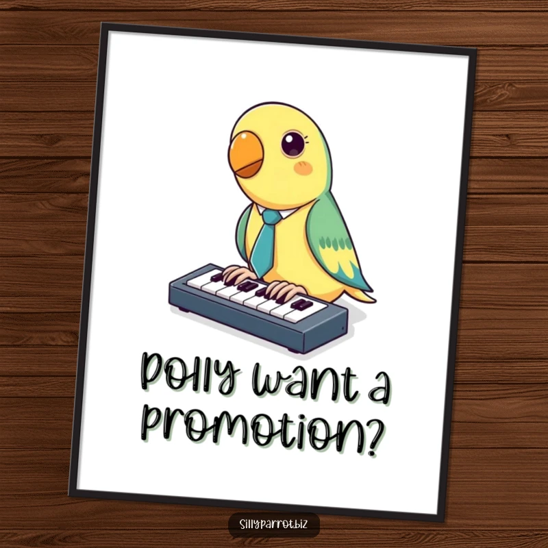 Funny Free Printable Wall Art: A parrot in a tiny tie earnestly taps on a miniature keyboard, embodying professional absurdity.