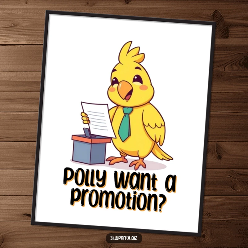 Funny Free Printable Wall Art: A happy parrot sporting a tiny tie enthusiastically presents a document while seated at a miniature desk.