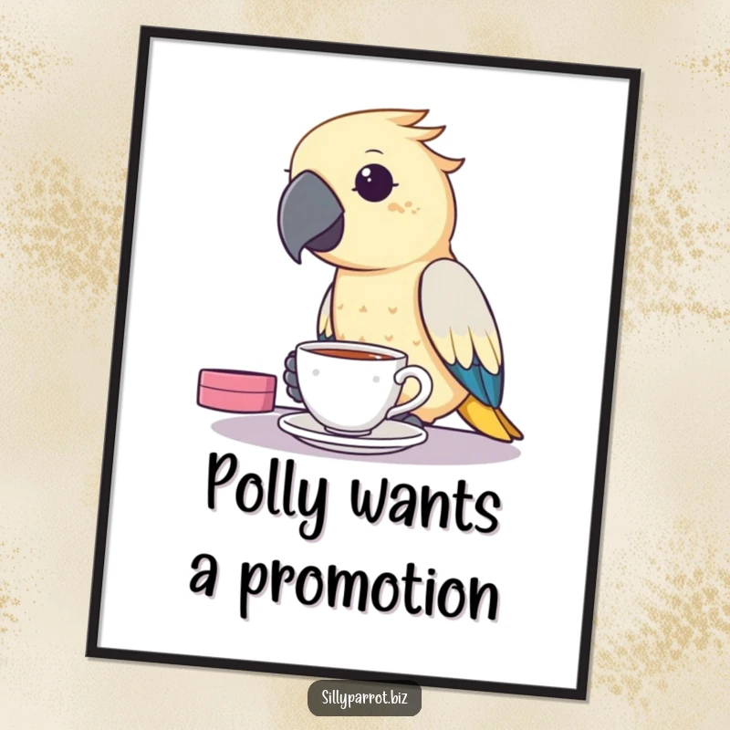 Funny Free Printable Wall Art: A parrot diligently sips tea from a tiny cup at its workstation.