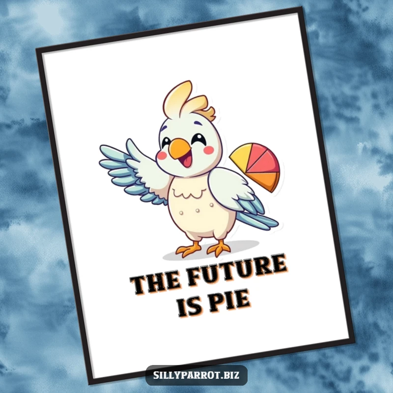 Funny Free Printable Wall Art: Enthusiastic parrot character uses its wing to point at a colorful pie chart with excitement.