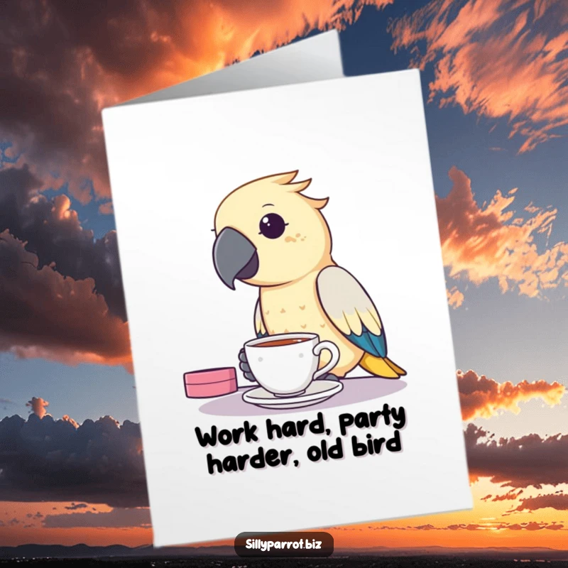 Funny Free Printable Birthday Card: A hyper-focused parrot sips tea at its desk, ready to party!