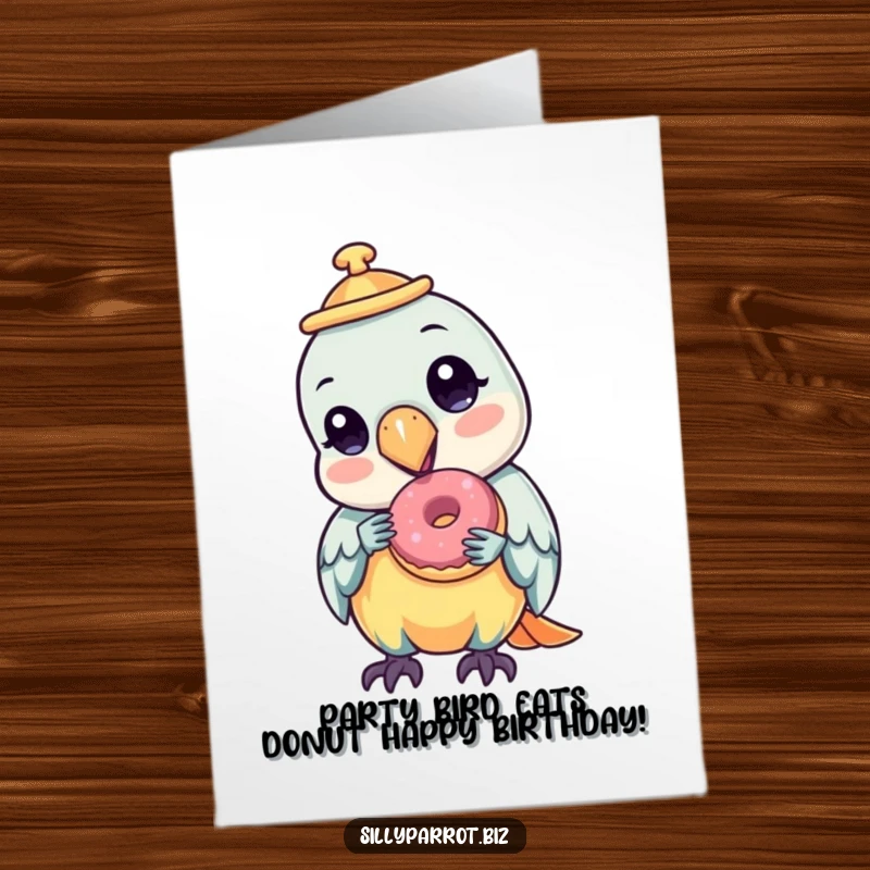 Funny Free Printable Birthday Card: Parrot character in a tilted hat happily devours a tiny donut, spreading cheer.