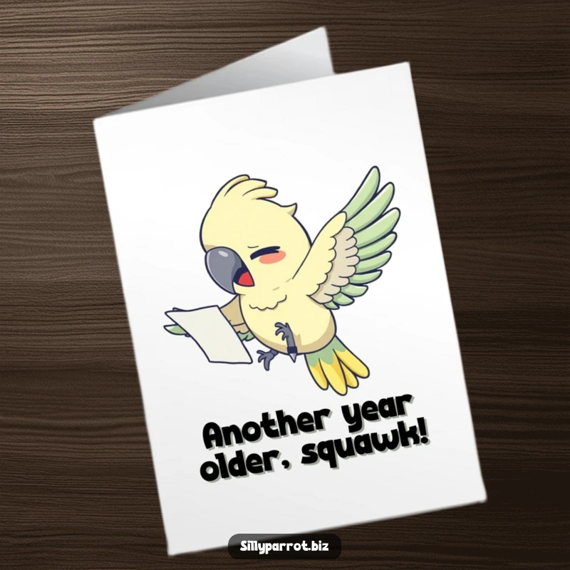 Funny free printable birthday card featuring a stressed parrot clutching papers, desperately searching for a pen in an office.