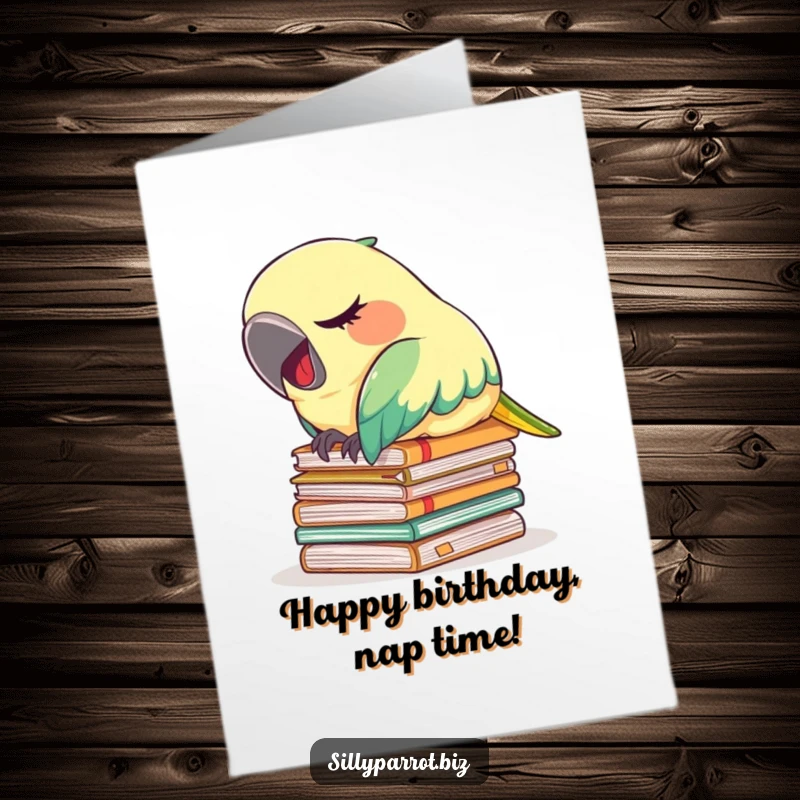 Funny Free Printable Parrot Birthday Card: A tired parrot naps on files, downloadable art for a wish for relaxation.