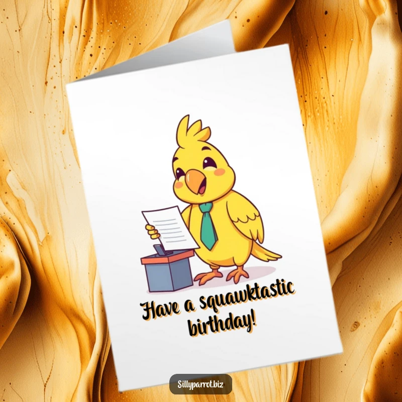 Funny Free Printable Birthday Card: A happy parrot wearing a tiny tie enthusiastically presents a document at a small desk, celebrating big.
