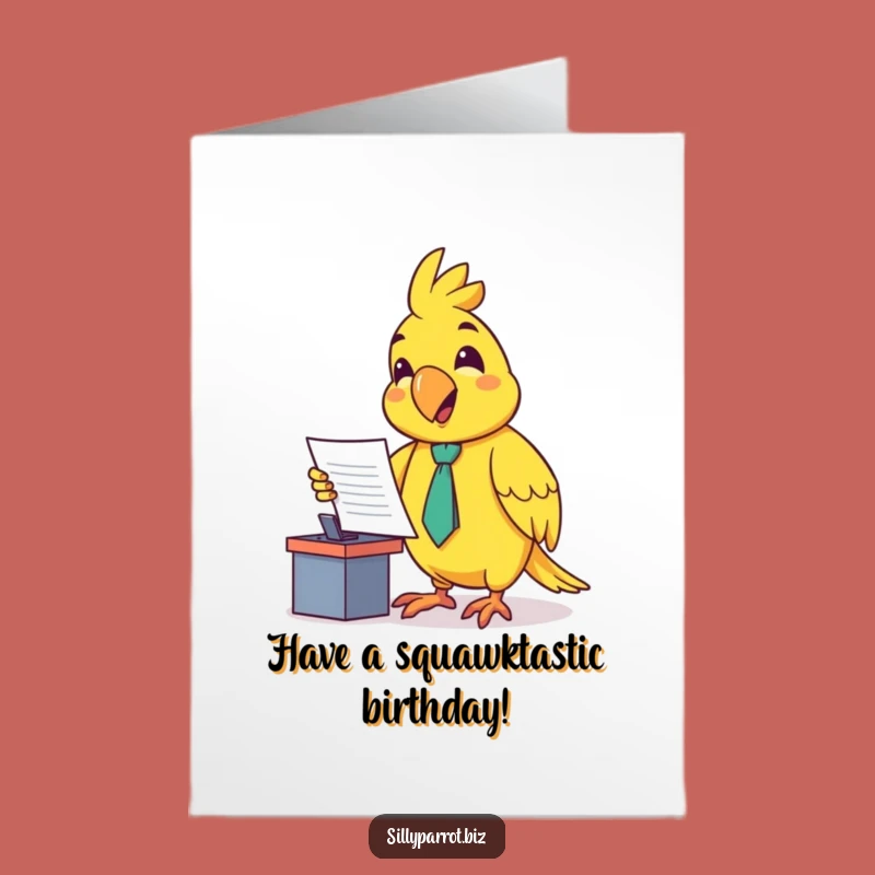 Free Printable Birthday Card: Parrot Tie Presenting Document Funny Downloadable Gift