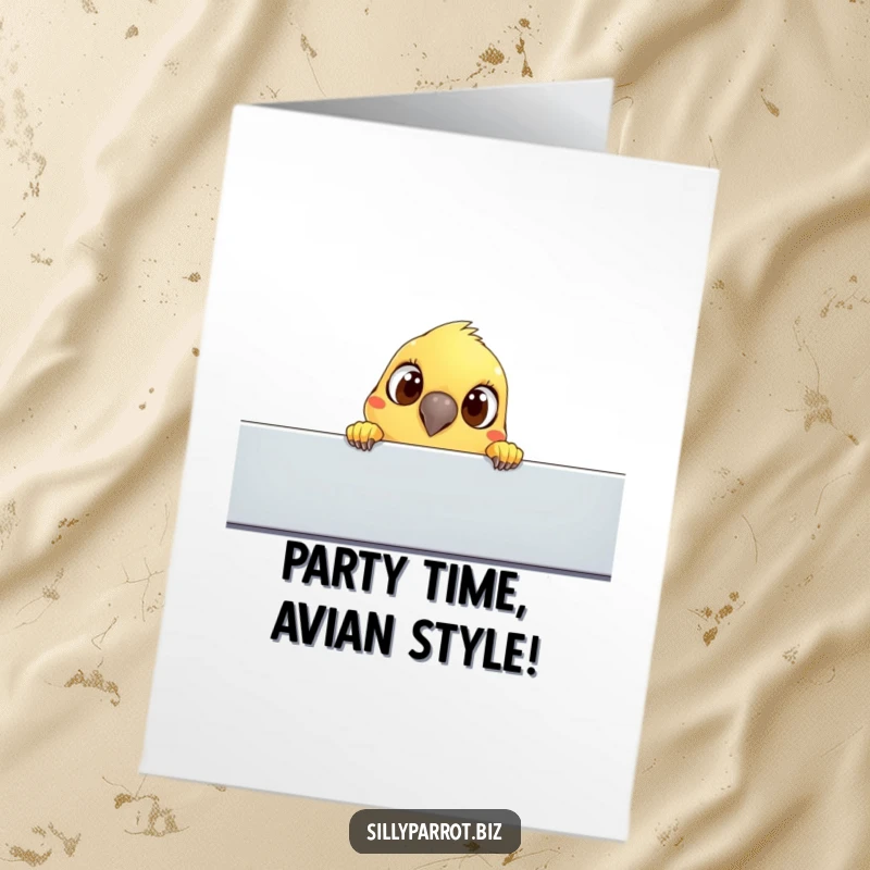 Funny free printable birthday card with a curious parrot peeking over a cubicle wall with big eyes.