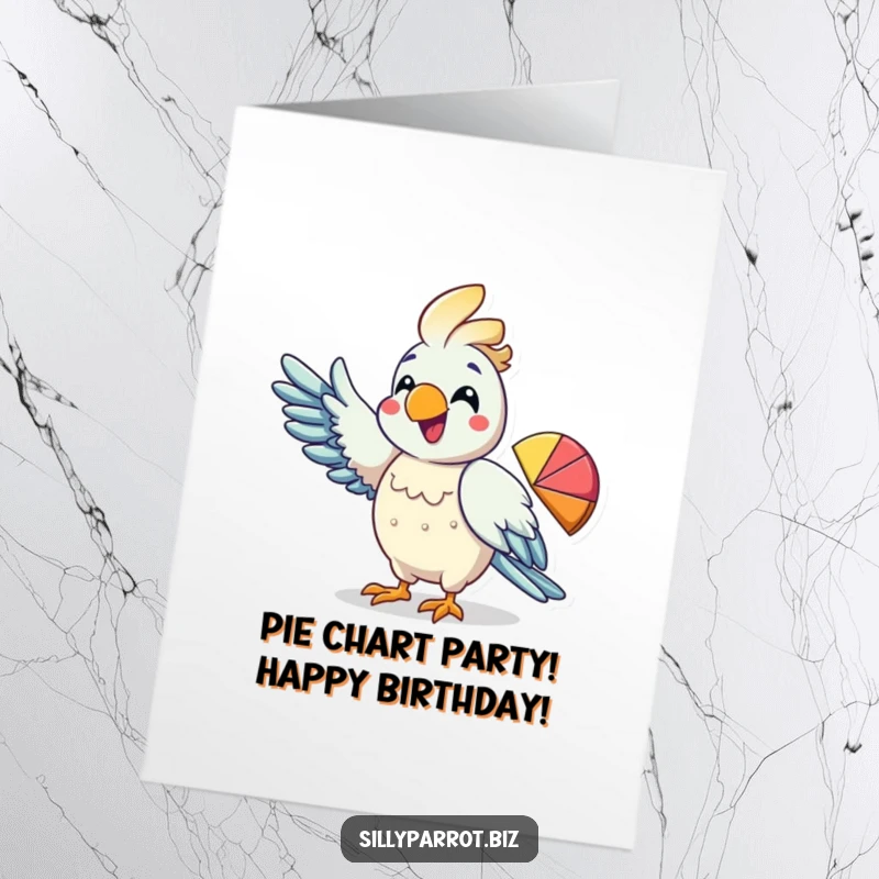Funny Free Printable Birthday Card: Enthusiastic parrot character points wing at a pie chart, celebrating birthday stats.