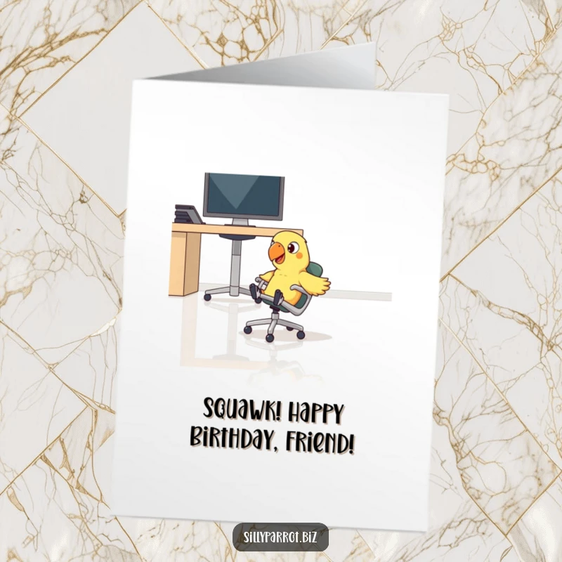 Funny Free Printable Birthday Card featuring a parrot comically sliding across an office floor on a rolling chair.