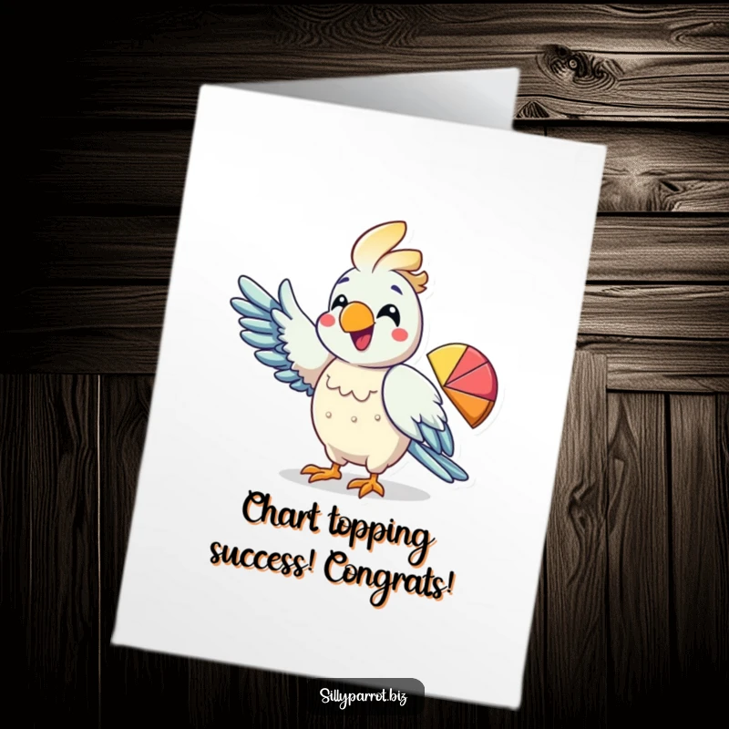 Funny Free Printable Congratulations Card: Excited parrot character points wing at a pie chart, celebrating achievements.