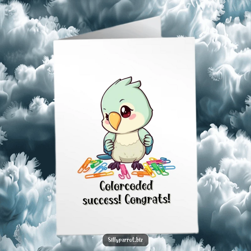 Funny Free Printable Congratulations Card: Organized parrot character celebrates success with meticulous paper clip sorting.