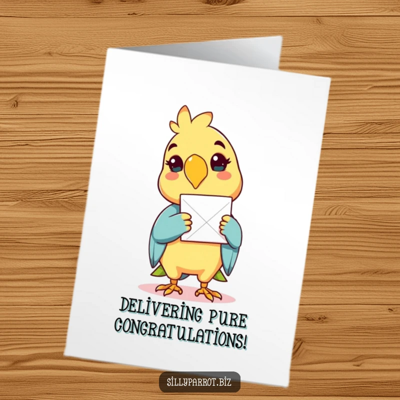 Funny Free Printable Congrats Card: Parrot flying with a piece of paper in its beak, conveying good news, celebratory bird.