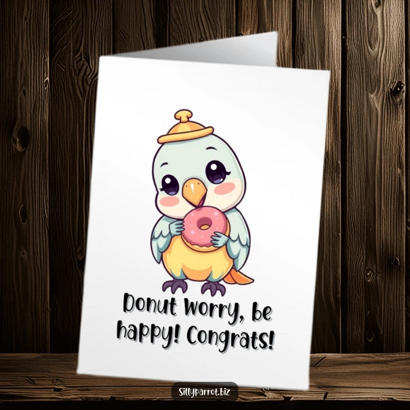 Funny Free Printable Congratulations Card: Parrot in a hat celebrates success by eating a tiny donut with joy.