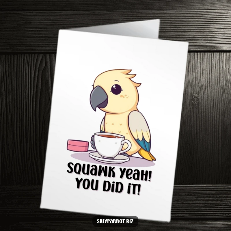 Funny Free Printable Congratulations Card: A busy parrot takes a tea break, celebrating your win!