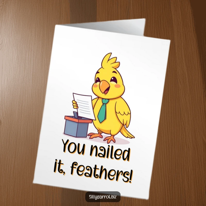 Funny Free Printable Congratulations Card: A happy, tie-wearing parrot presents an important document at a tiny desk, signifying a major success.
