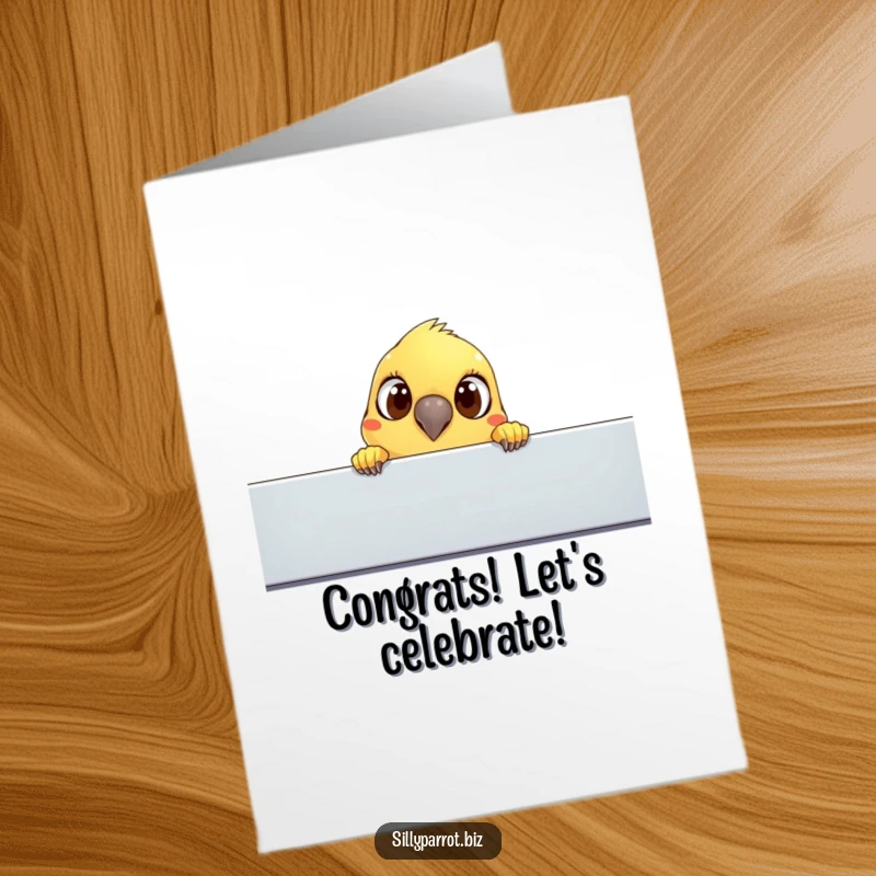 Funny free printable congratulations card showing a parrot curiously peeking over an office cubicle wall.