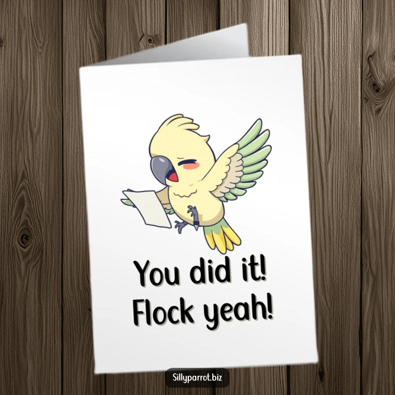 Funny free printable congratulations card showing a stressed parrot flying with papers, a metaphor for achieving goals.