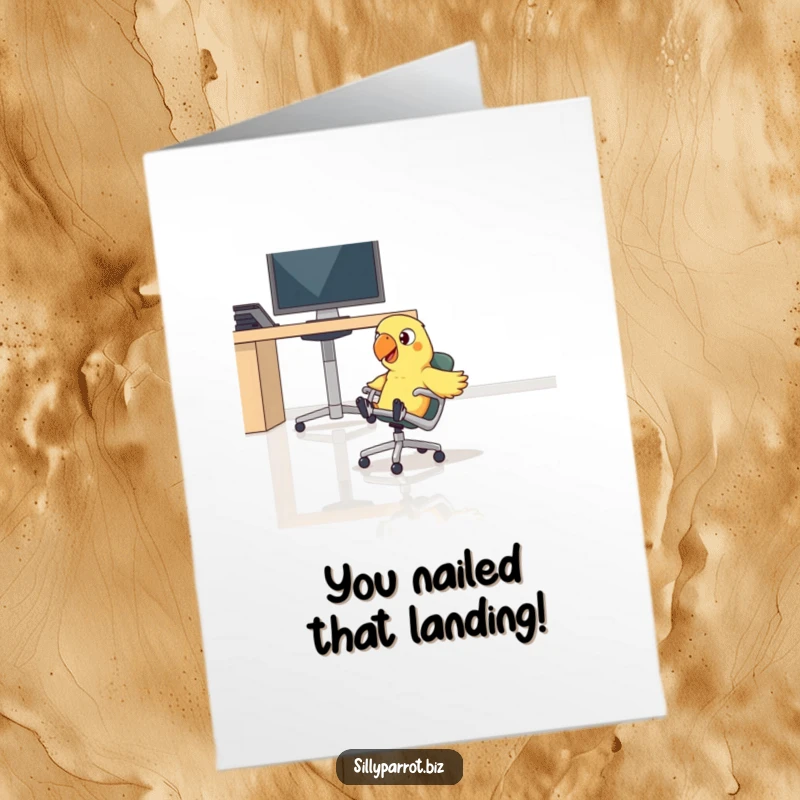 Funny Free Printable Congratulations Card showing a parrot comically gliding on a rolling chair across a shiny office floor.