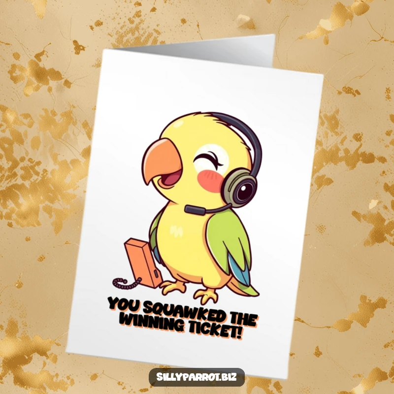Funny Free Printable Congratulations Card: A parrot in a headset is engaged in a cheerful conversation on a tiny phone, celebrating.