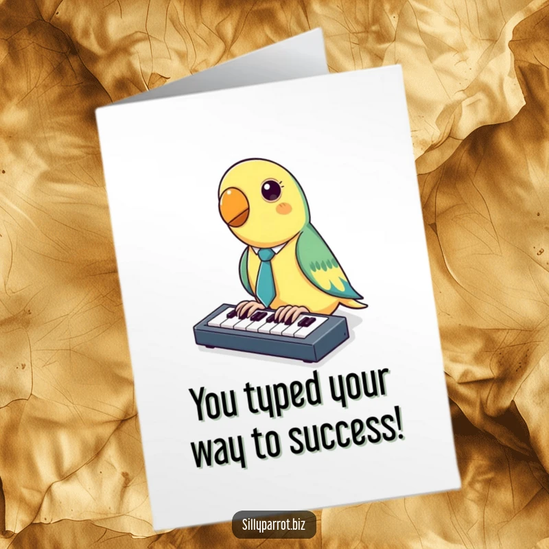 Funny Free Printable Congratulations Card: A parrot in a tiny tie is focused on its miniature keyboard, celebrating professional success.