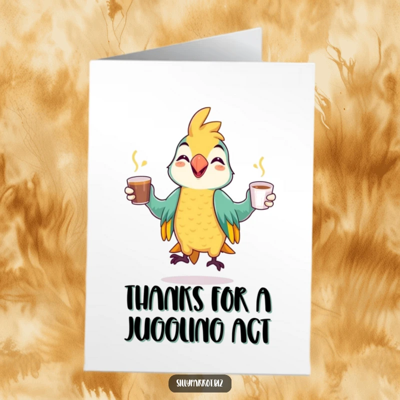 Funny Free Printable Parrot Thank You Card: A parrot juggles coffee cups with a grin, downloadable art for a fun thank you.