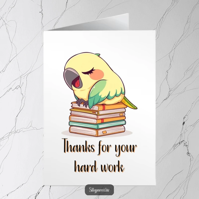 Funny Free Printable Parrot Thank You Card: A tired parrot sleeps on papers, downloadable art for a funny thank you.